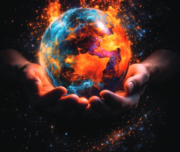 Dlaně držící modrou planetu prostoupenou ohněm — ústřední motiv příběhu